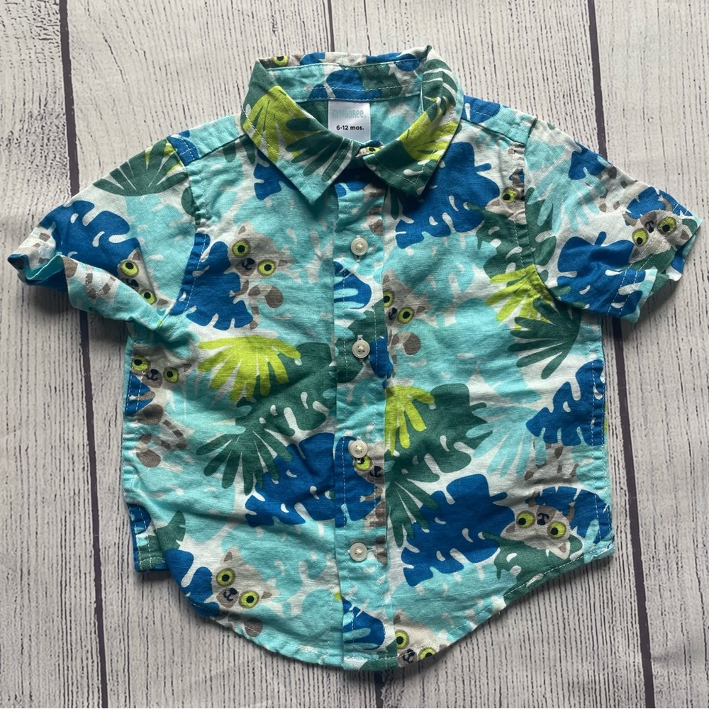 Gymboree Blue & Green Lemur Print Shirt Size 6-12 months